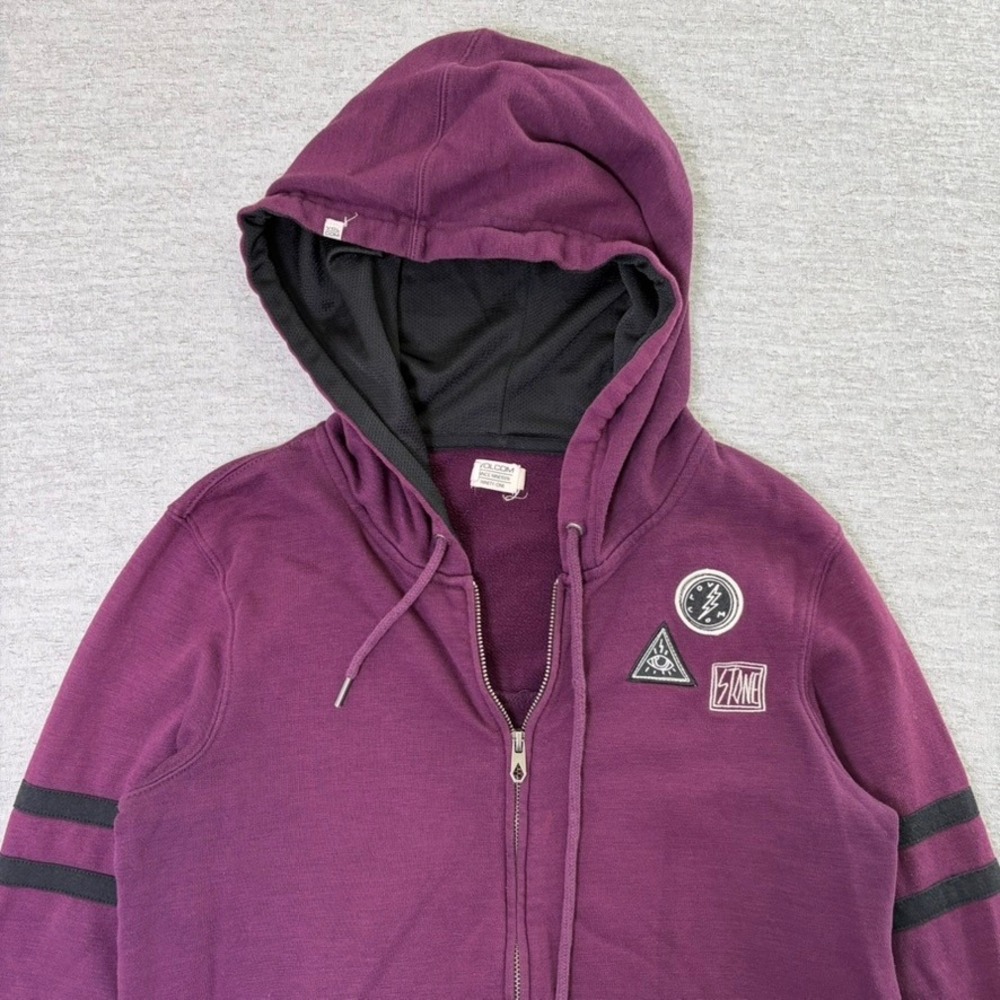 Volcom Women Full Zip Hoodie Small Purple Athletic Varsity Stripes Graphic Patch - Picture 2 of 11